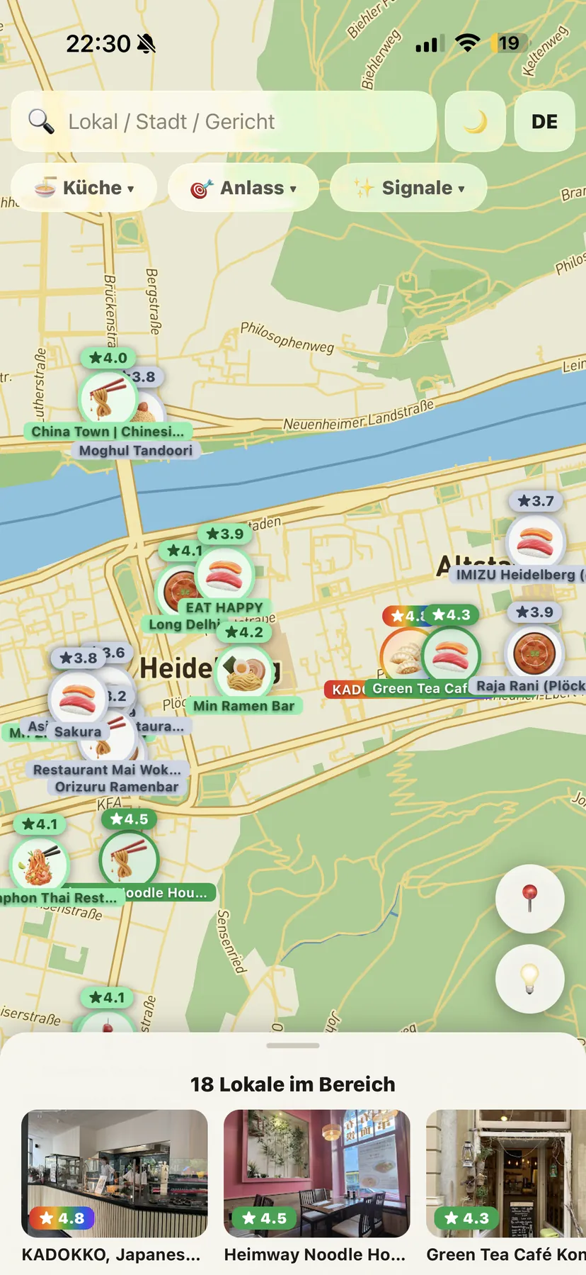 Karte mit bewerteten Asia-Lokalen